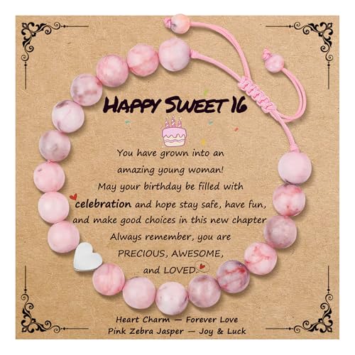Sereney Sweet 16 Gifts for Girls, Pink Beaded Adjustable Bracelet as 16th Birthday Gifts for Girls Daughter Granddaughter Niece, Sweet Sixteen Gifts for 16 Year Old Girl