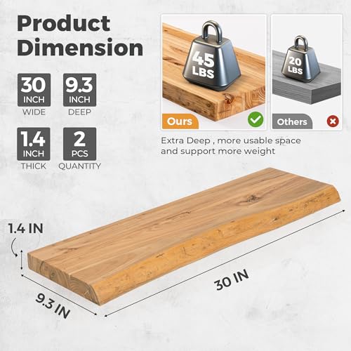 Image of RICHFOCUS Live Edge Elm Floating Shelves - 30 inch W x 9.3 inch D Rustic Solid Wood Wall Shelves with Invisible Bracket, Wall-Mounted for Living Room, Bedroom, Kitchen Storage & Display, Set of 2, Natural
