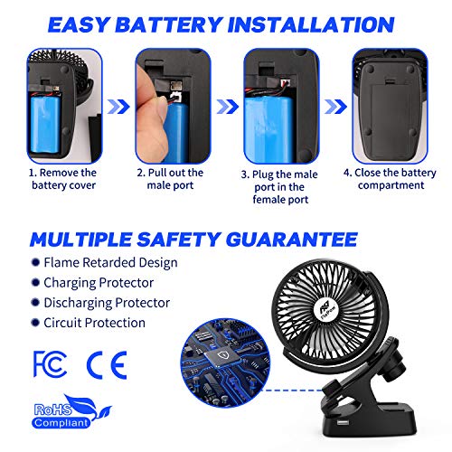 Battery Operated Clip on Stroller Fan – Portable Rechargeable Fan with Cooling & Refreshing Natural Wind, 5200mAh Battery, 140° Auto Oscillation for Baby Stroller, Beds, Desk, Camping, and Travelling