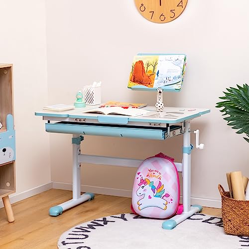 GLACER Kids Desk, Height Adjustable Children Study Table with Tiltable Desktop, Storage Drawer, Scale Ruler, Student Workstation for for Writing, Drawing, Reading, Suitable for 3-12 Years Old (Blue)