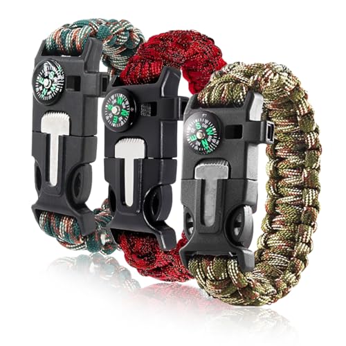 THQAE 3pcs Pulsera de Supervivencia,Multifuncional Pulsera,Con Flint Brújula Silbato,Adecuado para Senderismo,Acampada,Montañismo y Actividades al Aire Libre