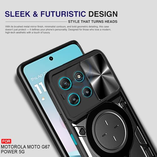 Image of AESTMO Armor Motorola Moto G67 Power / G57 Power 5G Bumper Back Case Cover | Ring Holder & CD Pattern Sliding Camera Shutter Cover | Back Case Cover for Motorola Moto G67 Power / G57 Power 5G (Black)