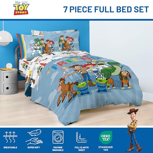 Image of Jay Franco Kids Comforter Set Includes Sheets and Pillow Cover - Soft and Cozy Bed Set for Stylish Room Decor, Blue - Toy Story, 7 Piece Full