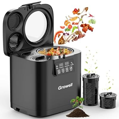 Growell 4L Electric Composter for Kitchen, Smart Odorless Compost Bin with 2 Carbon Filters, Large LED Display & Visible Window, Auto-Cleaning, Indoor Countertop Food Waste Composting Machine