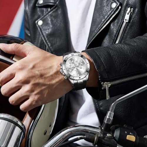 Image of OLEVS Men's Watches Sport Chronograph Analog Quartz Watch for Men with Date Waterproof Dress Casual Fashion Watch Soft Silicone Rubber Strap Band, Unidirectional Bezel & 42mm Big Face