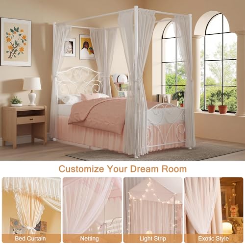 Image of VECELO Metal Canopy Bed Frame Twin Size, 4 Posters Platform Mattress Foundation with Headboard, Heavy Duty Steel Slats Support, No Box Spring Needed, White