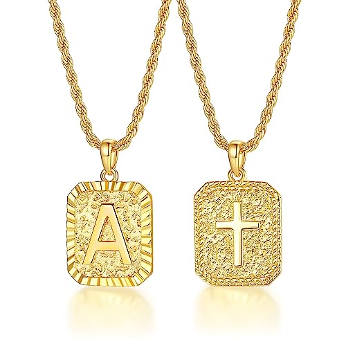 ASUWISH Gold Initial Necklaces for Men and Women, 18K Gold Plated Letter A-Z Cross Pendant with Adjustable Rope Chain, Letter Necklace for Women and Men