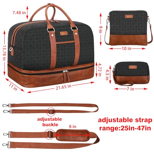 Image of Weekender Bag for Women, Large Overnight Bag Canvas Travel Duffel Bag Carry On Tote with Shoe Compartment 21 inch 3Pcs Set, A12-brown+black, Large, Practical
