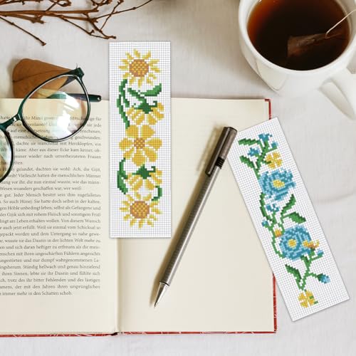Image of INFUNLY 6 Set Cross Stitch Bookmark Kit Rose Flower DIY Cross Stitch Kit 8 inchx2.4 inch Pre-Printed Sunflower Stamped Embroidery Bookmark with Instruction for Beginners Book Lovers Adults Craft Gift