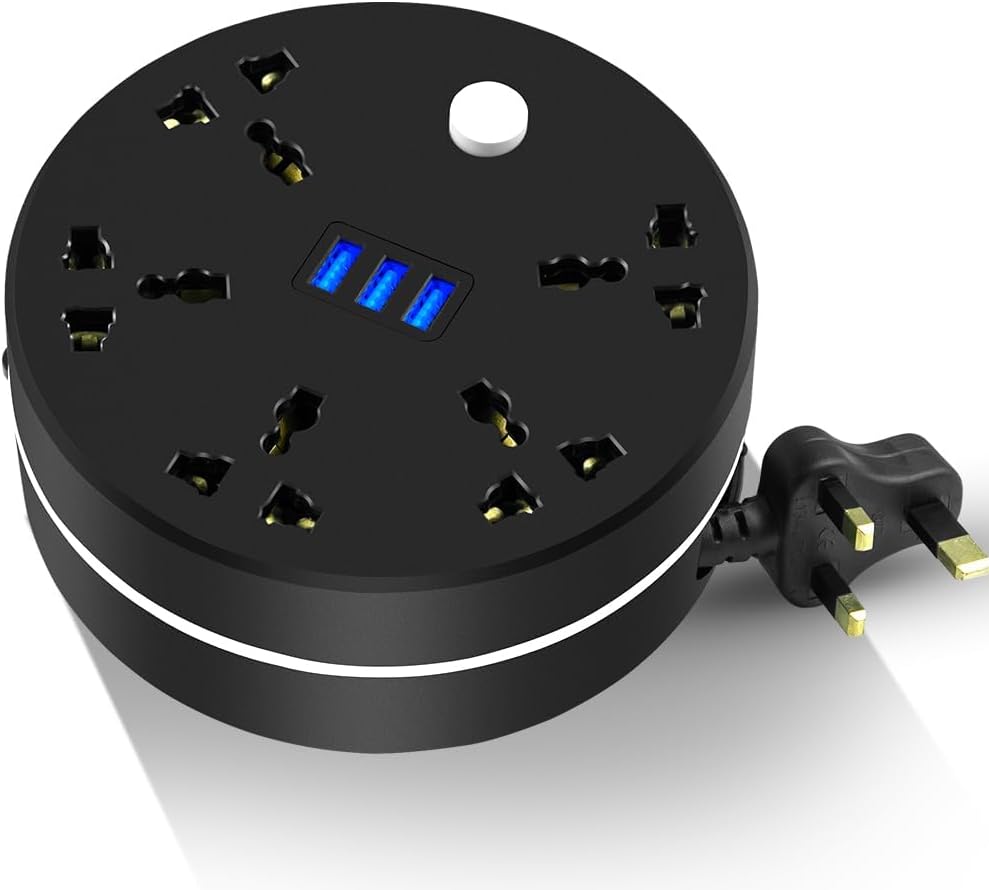 Retractable Power Strip, 2M Extension Cord With 5 Outlets, 3 Smart USB Ports and Hook - Portable Surge Protector for Home, Office, Hotel (Black)