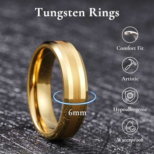 Image of King Will Tungsten Carbide Wedding Band for Men Women-4 /6 /8mm Width 14K Gold Plated Tungsten Wedding Ring Matte Brushed & High Polished Style Comfort Fit Wedding Band Size 6-14