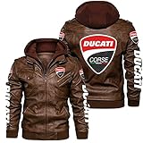 ROSANI Herren Lederjacke für Ducati, Reißverschluss Kunstlederjacke mit Abnehmbarer Kapuze, Motorrad Jacken Herren Übergangsjacke-Brown||3XL