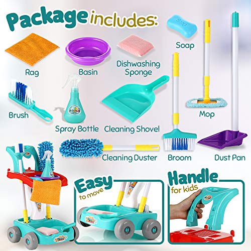 KLT Kids Cleaning Set, Pretend Play Detachable Housekeeping Cart, Montessori Toddler Toys, Cleaning Supplies Toy for Kids Toddler Boy and Girl with Kids Broom and Dustpan Set Cleaning Tools 11 Pcs - Thumbnail 5
