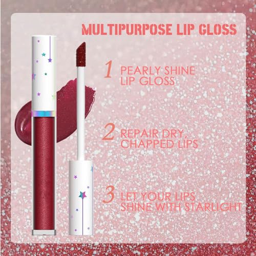 Image of evpct 1Pcs Dark Red Metallic Shimmer Glitter Lip Gloss Liquid Lipstick Long Lasting Waterproof 24, Glitter Pearlescent Metallic Sparkly Glossy Liquid Lipsticks Lip Stain Makeup Set for Women 10#