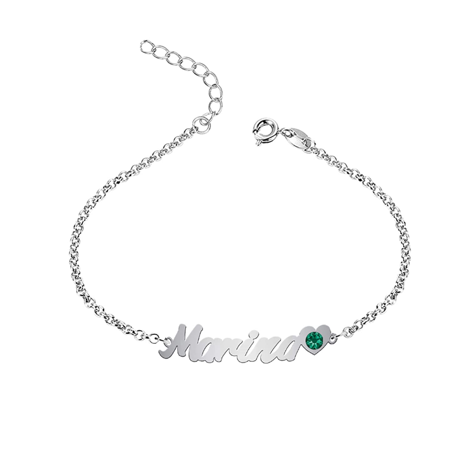 Tobillera PLATA DE LEY personalizada con nombre corazón y piedra de nacimiento