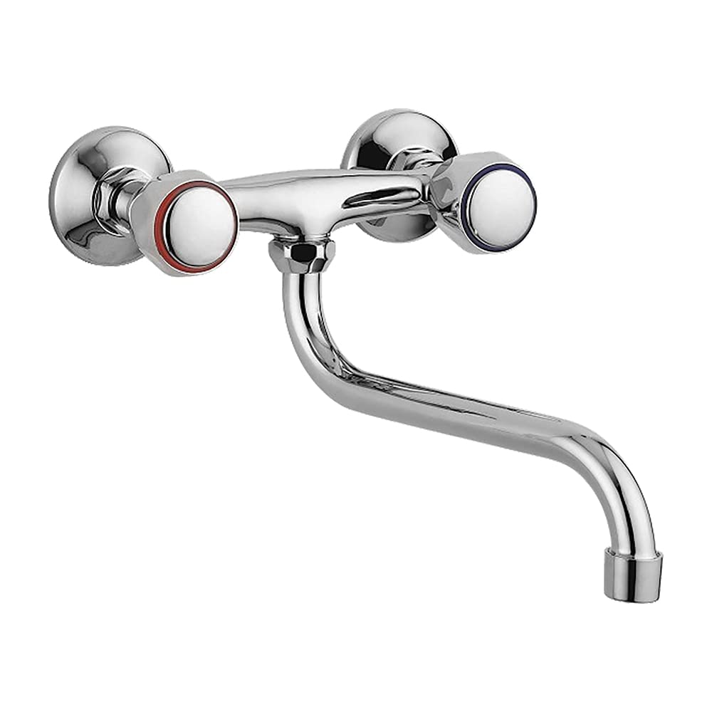 Inbagno Rubinetto lavello Cucina e Lavanderia, a Muro a snodo Canna Girevole, Doppia manopola Acqua Fredda e Acqua Calda, in Ottone Cromato