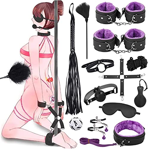 Qoosea 13 Pezzi Set Bondage, Sex Toys SM Sex Restraint Perfetto per Coppie, Giocattoli Erotici Sessuali in Pelle Fetish con Manette Caviglia Morsetti per I Principianti e Gli Esperti (Nero Viola)