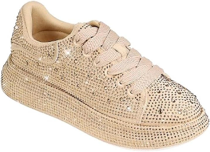Liliana Women Chunky Thick Sole Stud Rhinestone Fashion Sneakers Kingdom-2 Gold Rhine 8