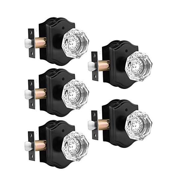 Gobrico Diamond Crystal Door Knobs with Lock,Antique Octagonal Interior Bed Bath Knobs Locksets,Matted Black Classic Arched Rosette,5 Pack