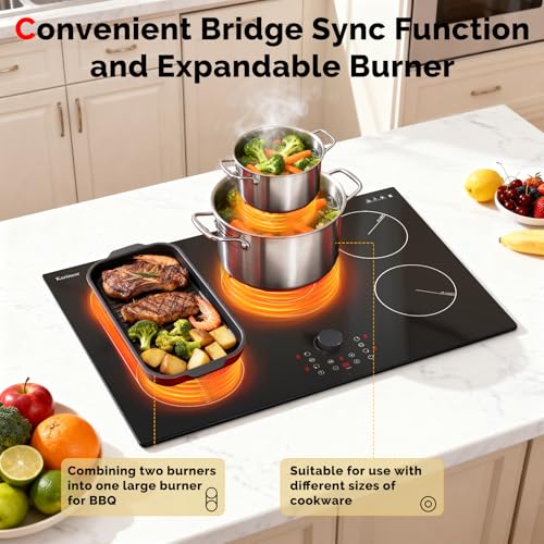 Image of Karinear Electric Cooktop 30 Inch with Magnetic Knob, Bridge BBQ, 5 Burner Radiant Stove Top, 8600W 240V Built-in Hob, 9 Heat Levels, 99-Min Timer, Child Lock, Pause