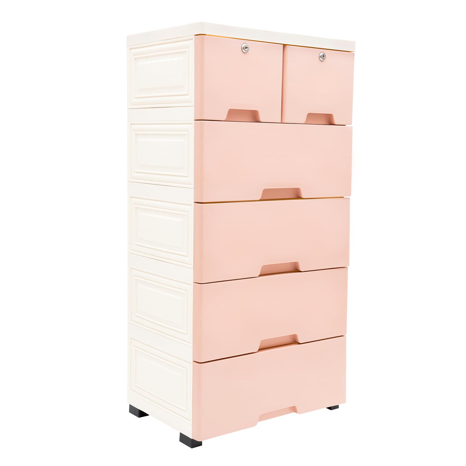 5-stöckiger Aufbewahrungsschrank aus PP-Kunststoff mit 6 Schubladen & Schloss, Rollcontainer mit Rollen und Standfüßen, Rosa-Weiß Lagerbox für Schlafzimmer Kinderzimmer Ankleidezimmer