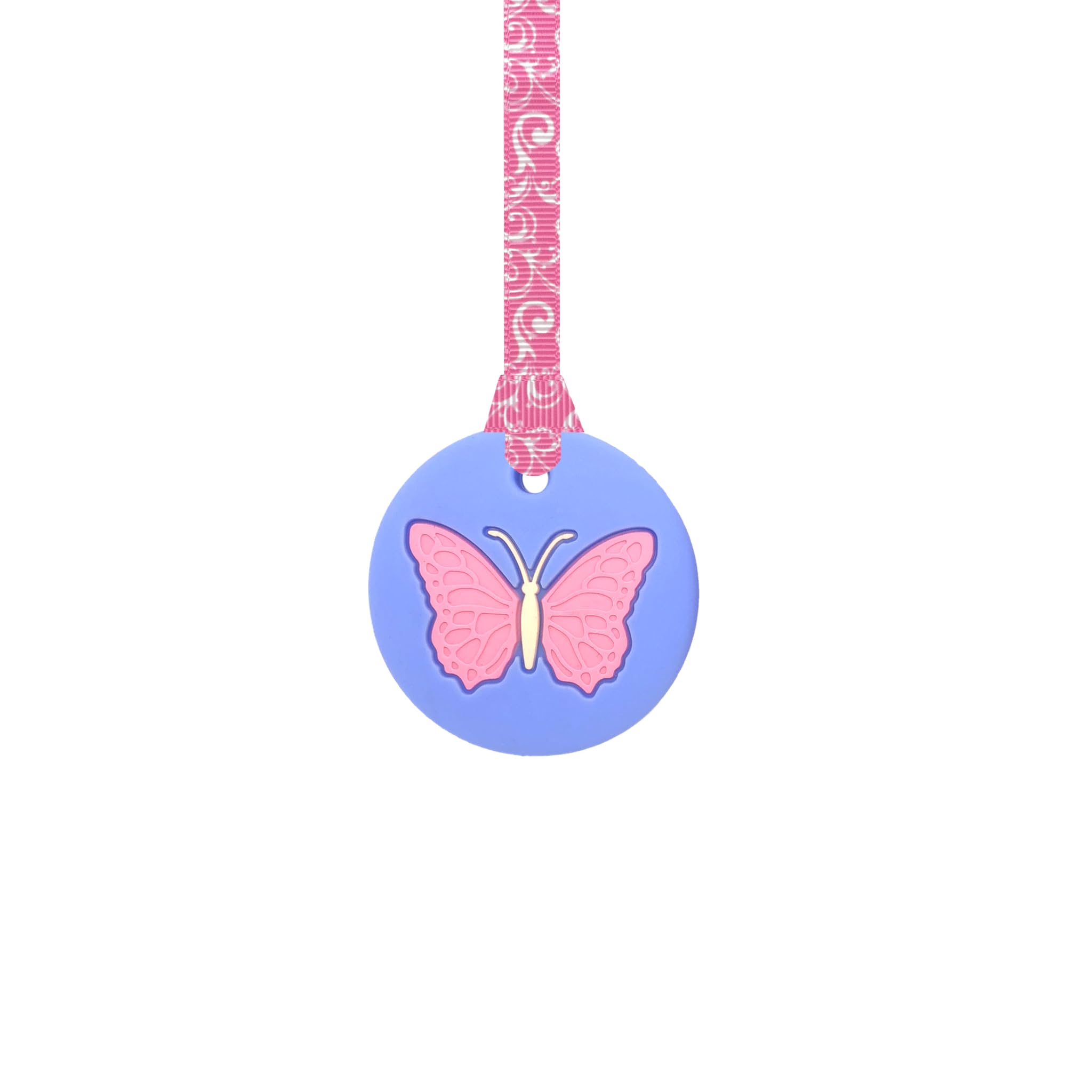 Butterfly Chew Necklace with Lanyard - Blue - Sensory Chew for Kids with Autism, Anxiety & ADHD – 100% Food Grade Silicone - Sensory Oojamabobs (8 Designs Available) (Pink Swirls, 70cm Lanyard)
