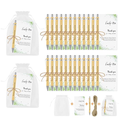 OFFCUP 24 Set canetas inspiradores, caneta esferográfica de bambu com bolsa de organza cartões de agradecimento e cordel de juta, presentes de agradecimento para professores funcionários colegas