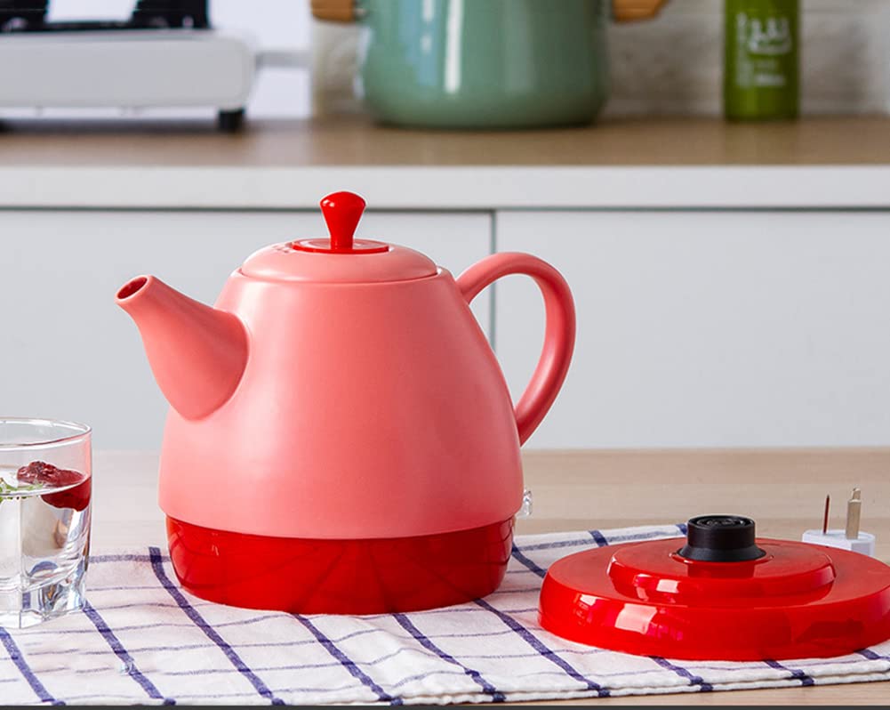 Bollitore Elettrico in Ceramica da 1L, Stile Retrò, Contenitore in Ceramica Senza BPA Teiera Vintage, Resistenza Nascosta, Spegnimento Automatico, Senza Fili, 1350W (C: Red)