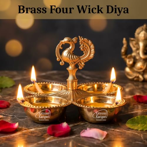 Image of Brass Kankavati Haldi Kumkum Container | Traditional Pooja Sindoor, Chawal Holder | Peacock Design 4 Bowl Pooja Accessory for Festivals, Gifting & Home Mandir (Brass Polished, Small)