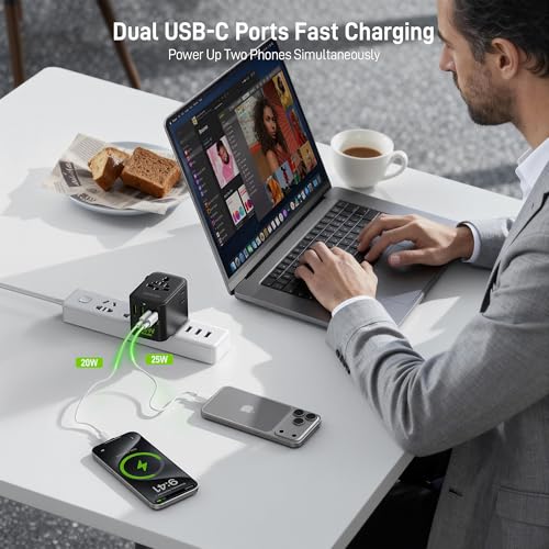 Image of Epicka Pulse Duo 45W Universal Travel Adapter, International Power Adapter with 6-Port (2 AC /2 USB-A /2 USB-C), European Travel Plug Adapter with PD Fast Charging, Travel Essentials (Pure Black)