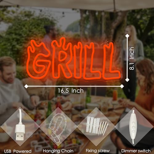 Image of Grill Neon Sign LED Neon Lights for BBQ Party, Barbecue Restaurant Wall Decor, Backyard Outdoor Cooking Light, Man Cave Kitchen Bar LED Sign Gift