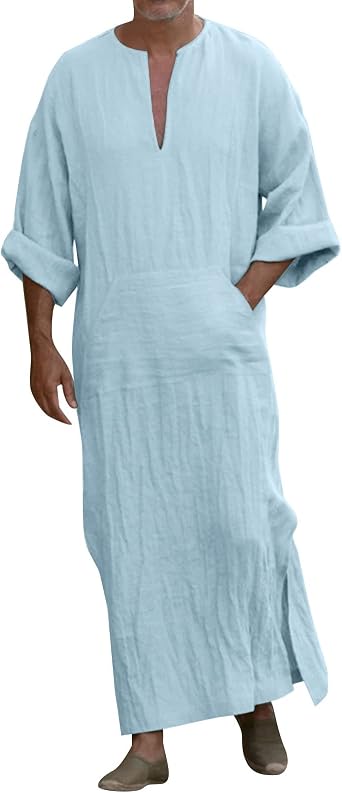 Alalaso Mens Muslim Kaftan Thobe Middle East Islamic Saudi Arabic Robes Lightweight Long Sleeve Clothing Ramadan Dress
