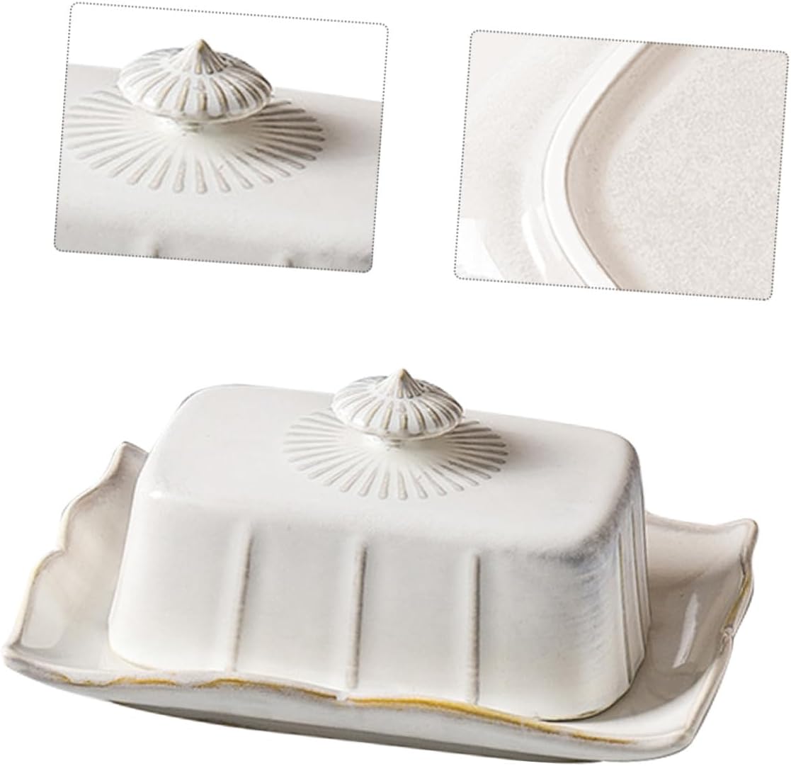 Lurrose Ceramic Butter Plate with Lid Decorative Airtight Butter Holder Tray for Kitchen Countertop Storage Easy to Clean Dessert Serving Dish for Home Cafe Restaurant Use