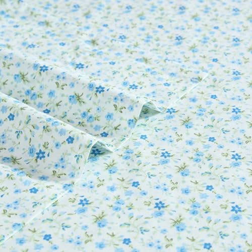 Image of Laura Ashley - Queen Size Sheet Set, Crisp & Lightweight Cotton Percale Bedding with Fitted Sheet and Pillowcases, Floral Room Decor, Deep Pocket, College Dorm Room Essentials (Evie Blue)