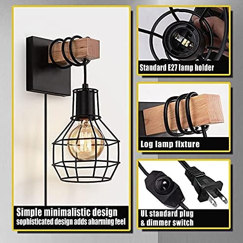 Lightess Plug in Wall Sconce Dimmable, Wall Light with Dimmer On/Off Switch, Industrial Metal Black Wall Lamp for Living Room LG9872949
