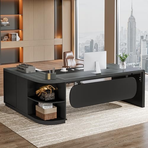Image of Tribesigns 80'' L-Shaped Desk, Large Executive Office Desk with 55'' Drawers Cabinet, Modern Commercial Office Table with Storage Shelves, Business Furniture for Home Office, Grey & Black
