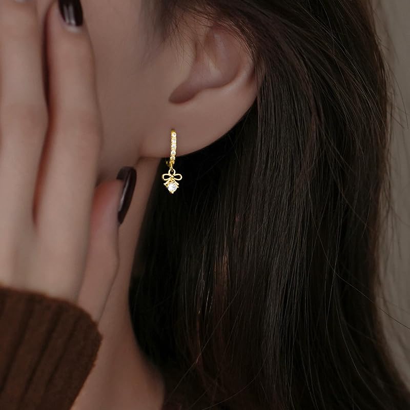 SLUYNZ Sterling Silver CZ Bowknot Hoop Earrings for Women Teens Small Bow Hoop Earrings Huggie Drop3