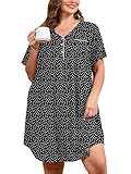 AusLook Women’s Plus Nightgowns Short Sleeve Button Down V Neck House T-shirt Polkadots Black 3X Dress Loose Maternity Lounge Boyfriend Nightshirt Sleepwear Print Pajamas Nightdress