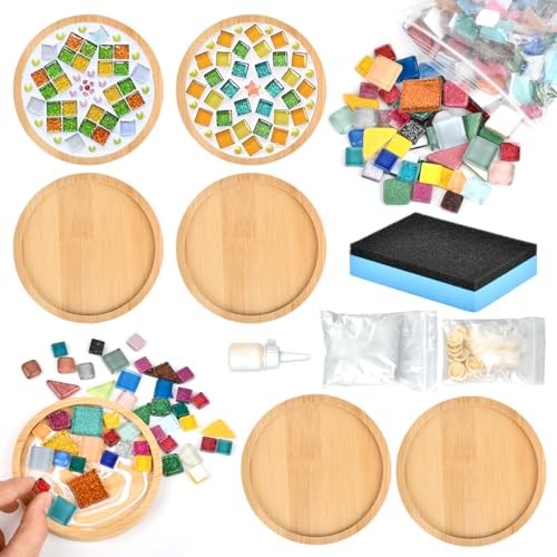FOCCTS 6 Sets DIY Mosaic Coaster Kit - Mixed Color Mosaic Kits with Wooden Coasters for Adults, DIY Glass Mosaic Tiles for Crafts, Handmade Coaster Making Set for Handmade Home Decoration Gift (Round)