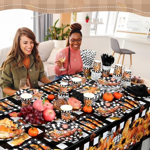 Image of Funnymoom 452 Pcs Fall Thanksgiving Party Decorations, Black White Buffalo Plaid and Orange Pumpkin Maple Leaves Paper Plates Napkins Cups Tablecloth Cutlery Straws for Autumn Harvest Party Supplies