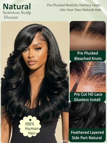 Image of KLAIYI Bye Bye Slip Feathered Layer Side Bangs Loose Body Wave Pre Everything Glueless 13x4Lace Front Wigs Human Hair Drawstring Pre Plucked Bleached Knots 3S Ready to Wear and Go Beginner Wig 18Inch