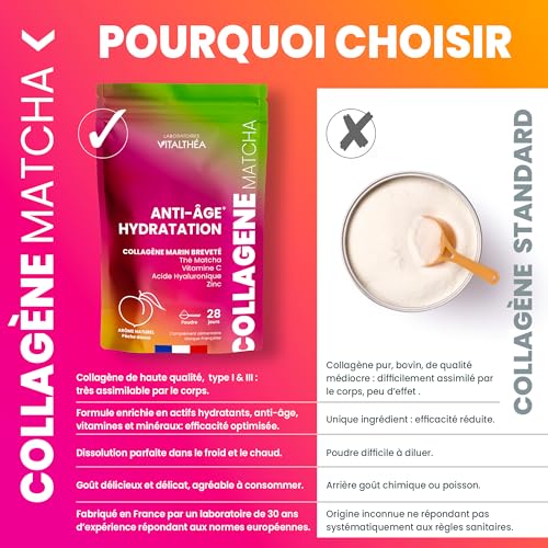 COLLAGENE MARIN POUDRE + ACIDE HYALURONIQUE + THÉ MATCHA + ZINC + VITAMINE C : Formule Exclusive Premium | Anti-âge Peau & Articulations Sport |RÉSULTATS PROUVÉS* |Goût Pêche Douce |Fabrication France – Image 7