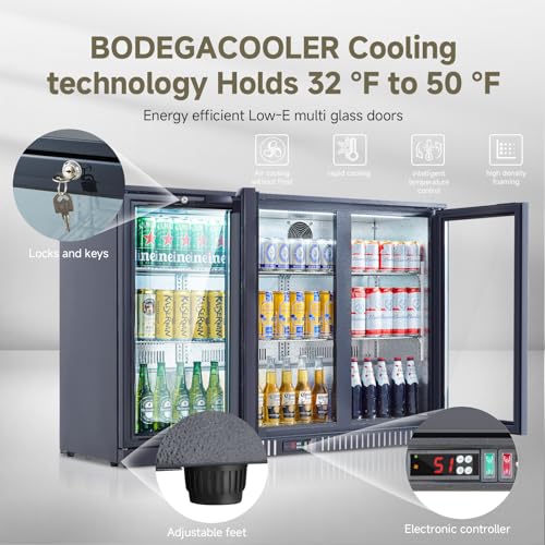 BODEGACOOLER Back Bar Cooler With 3 Glass Doors,11.4 Cu.Ft Commercial Back Bar Fridge with LED Lighting,Counter Height Bar Outdoor Beverage Cooler for Beer,Soda Drinks,Wine