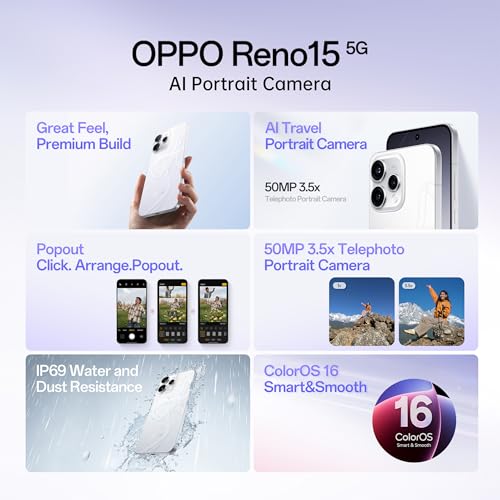 Image of Oppo Reno15 5G (Glacier White, 12GB RAM, 256GB Storage) with No Cost EMI /Additional Exchange Offers