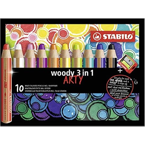Multi-Talented Pencil - STABILO woody 3 in 1 ARTY - Wallet of 10 - Assorted Colours + Sharpener Cover