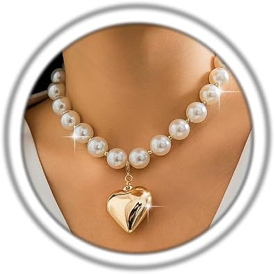 Heart Pendant Choker Necklaces for Women,Gold Plated Chunky Heart Necklace Pearl Beads Choker Necklaces Y2k Necklace Delicate Jewelry