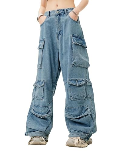 Lafaguw Women's Low Waist Baggy Cargo Pants - Pocket - Wide Leg - Casual - Trendy - Grunge Emo Streetwear, Blue 4, M