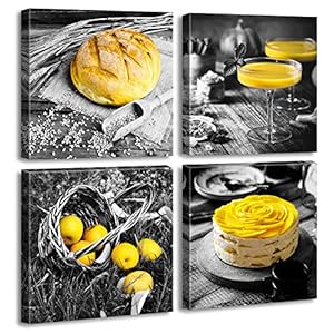 DJSYLIFE Kitchen Wall Decor Black and White Yellow Wall Art Bread Cake Fruit Picture Canvas Print Paintings for Cafe Dining Room Restaurant Farmhouse Kitchen Decoration 12 Wx12 Hx4