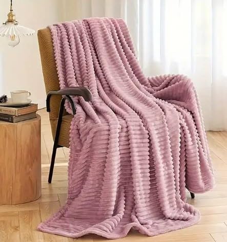 HOMES-LINEN Chunky Ribbed Cord Faux Fur Velvet Touch Thick Sofa Bed Throwover Soft touch Blanket (Blush Pink, 150 x 200CM)