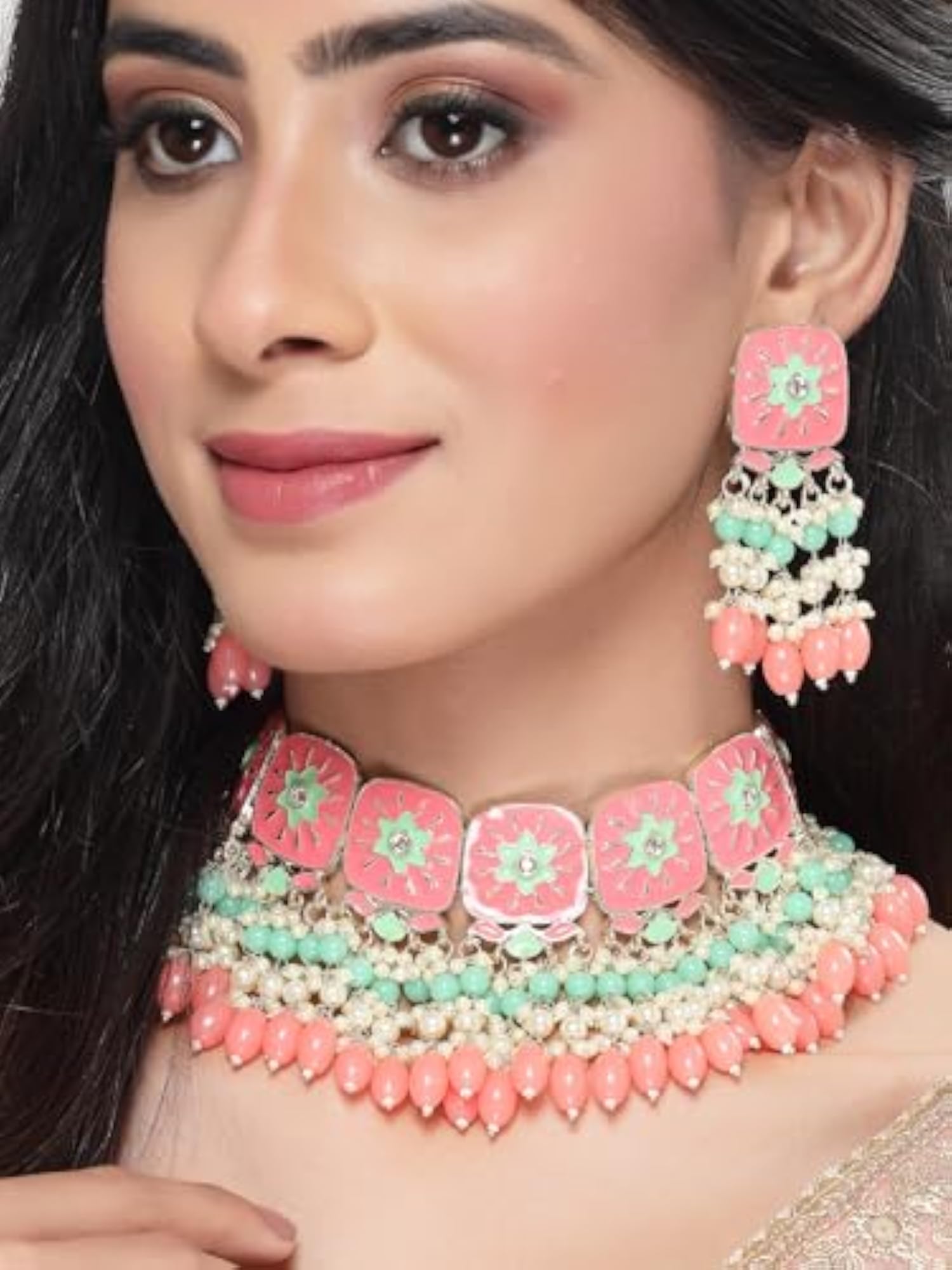Enamel Multicolor Choker Necklace Set with Earrings